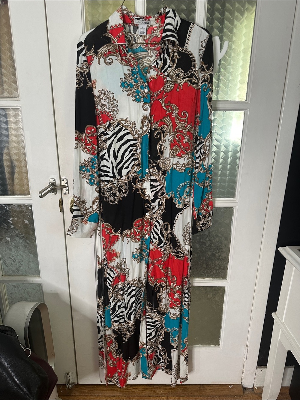 Fashion Nova Long Printed Maxi Dress in Red, Teal, Black & White